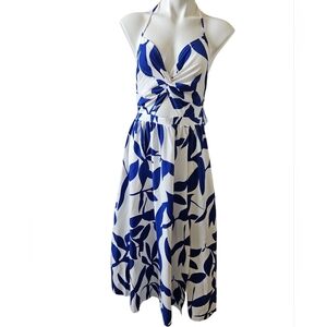 Yozo Blue & White Leaf-Print Twist-Front Midi Dress